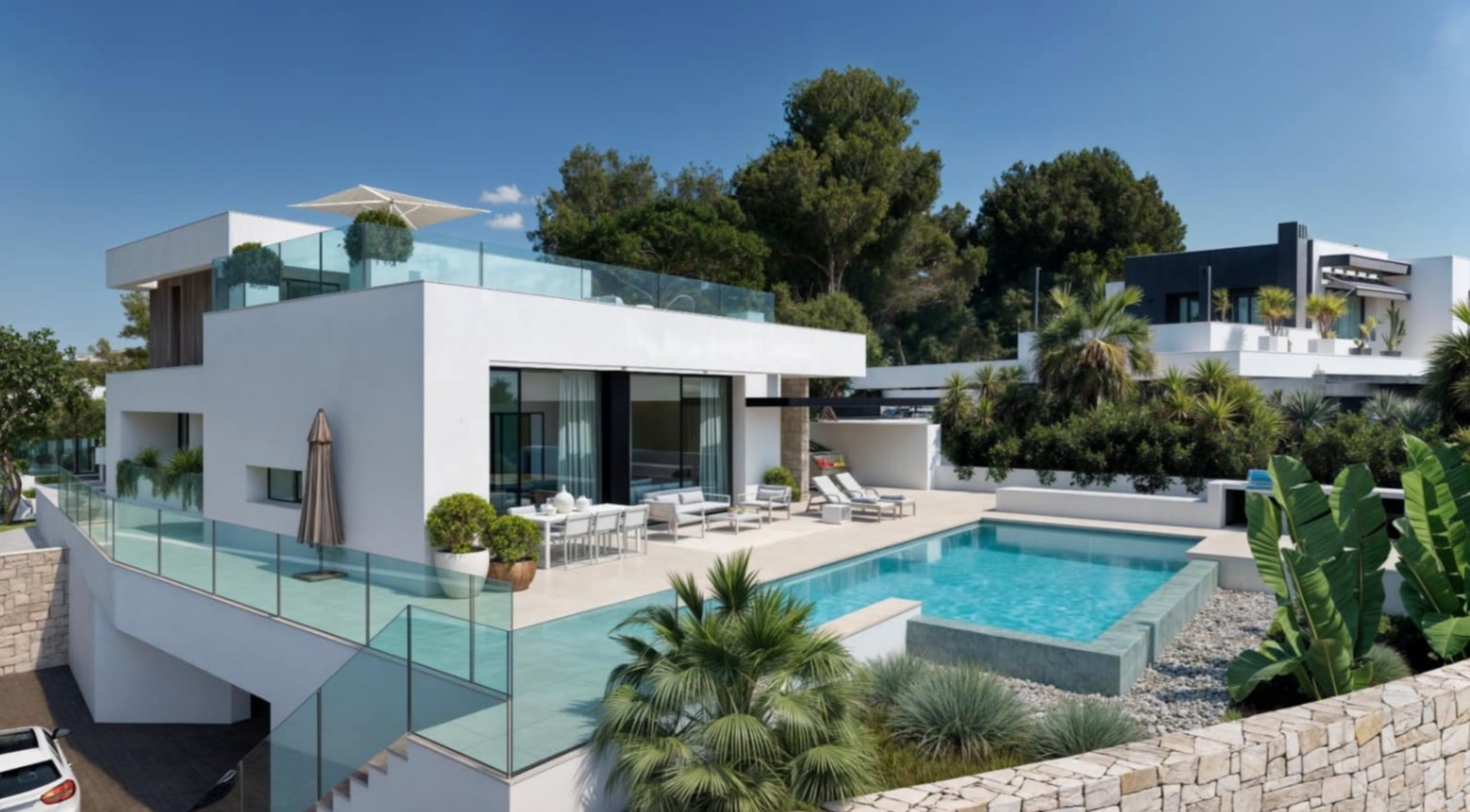 Villa de obra nueva de arquitectura contemporánea con vistas al mar en Moraira